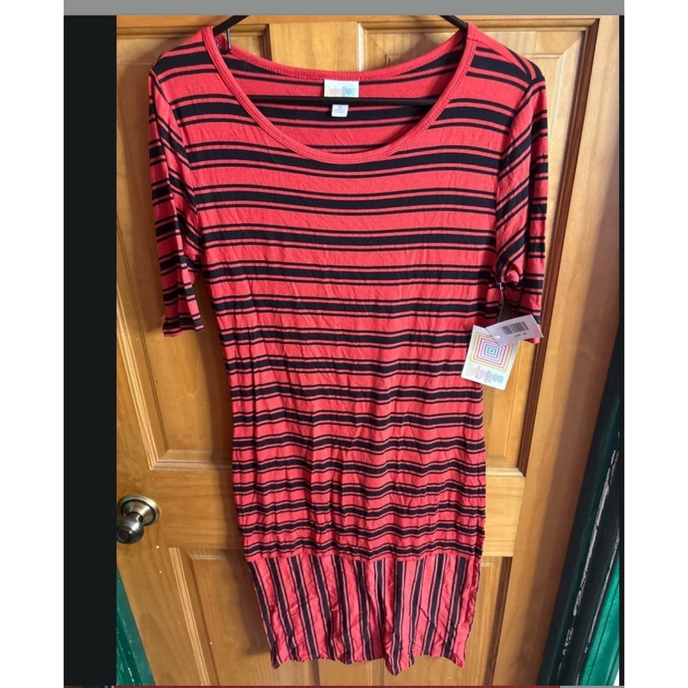 LuLaRoe Julia Dress Womens Medium Red Black Striped Elbow Sleeve Sheath Knee NWT
